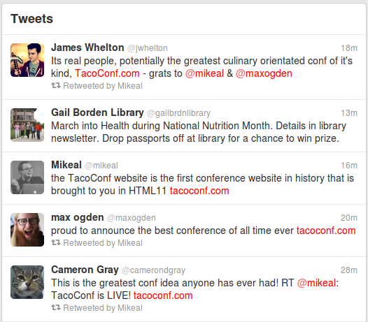 Twitter Screenshot: numerous mentions of www.tacoconf.com with one mention of National Nutrition Month